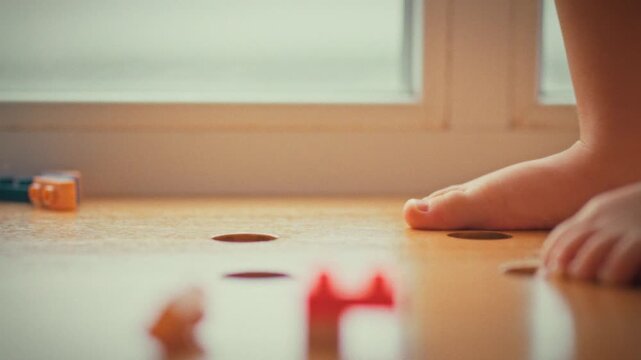 In a house filled with scattered construction toys, a child&rsquo;s small feet walk across the floor, stepping carefully between the playset pieces, illustrating curious exploration and playful movement