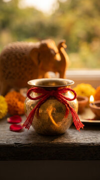 Sacred Indian Kalash Pot Tied with Red Mauli Thread, Surrounded by Diyas and Marigold Flowers in Festive Raksha Bandhan Setting
