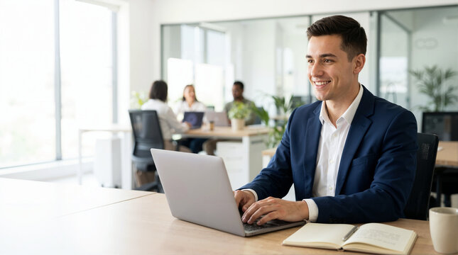 Smiling young male finance intern working on a laptop in a modern office. Happy professional businessman in a suit sitting at a desk with colleagues in the background