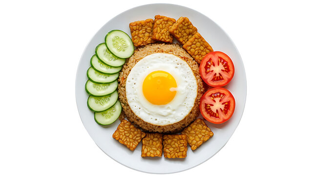 Nasi goreng fried rice with sunny side up egg tempeh cucumber and tomato on a plate isolated on transparent background