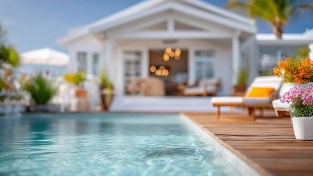 Luxury poolside: A serene poolside scene with crystal-clear water, inviting lounge chairs, and a luxurious house in the background, offering an escape to relaxation.