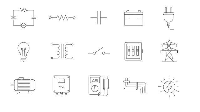 Line art collection &ndash; 20 set of electrical engineering and electronics icons displaying circuit components power lines light bulbs multimeters industrial motors for technical schematics with resistor