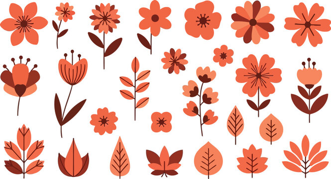 Autumn floral flat vector set with geometric orange and brown leaves and flowers