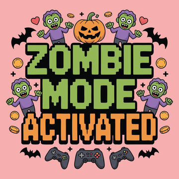 Cute zombie characters in a fun halloween scene with game controllers and pumpkins