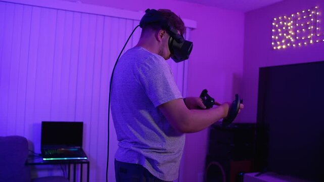 Man using virtual reality headset and controllers at home gaming immersing into digital world of entertainment and interactive technology in cozy room with neon lighting