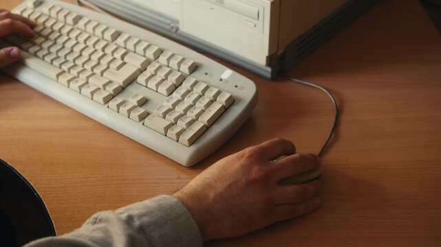 Retro pc computer gaming, Desktop vintage with loading code console, programmer making scripts, green basic screen, Old computer studio close-up, retro wave display, late 90s PC.