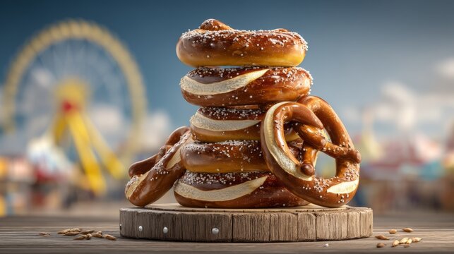 Tall Stack of Traditional Soft Pretzels on a Wooden Board