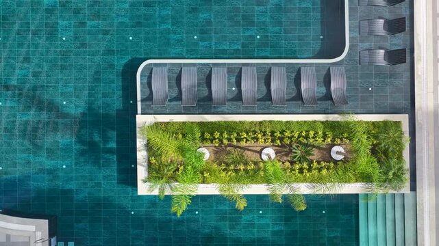 Aerial Video Luxury Hotel Pool Area with Minimalist Design