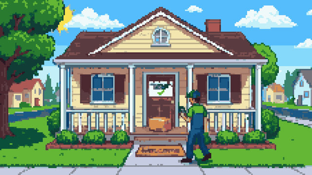 Pixel art of a delivery man leaving a cardboard box parcel at the front door of a suburban house