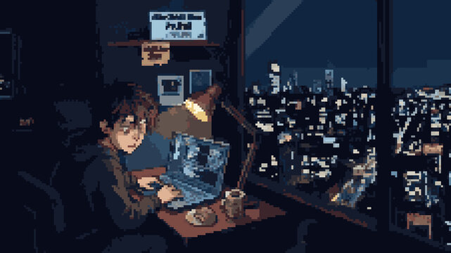 Pixel art of a young man working on a laptop at night with a city skyline view through the window