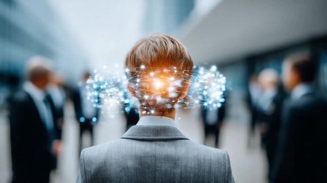 Brainpower in Business: A business person, their mind illuminated with sparks of digital brilliance, navigates a bustling professional landscape. Expressing innovative thoughts and sharp focus.