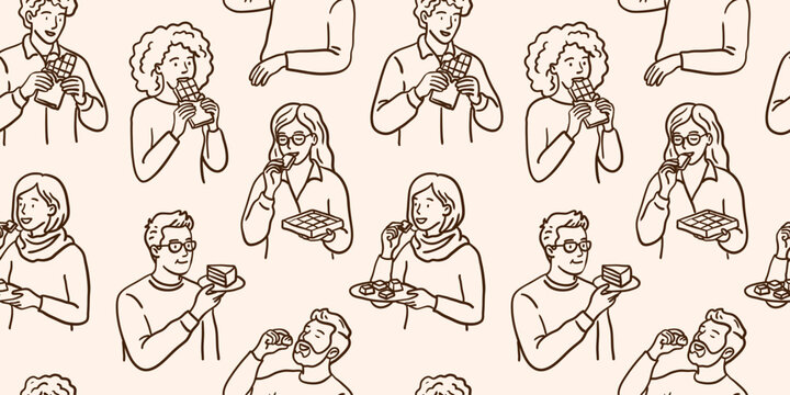 chocolate lovers seamless pattern with hand drawn doodle people eating cocoa bars and sweets on light beige background