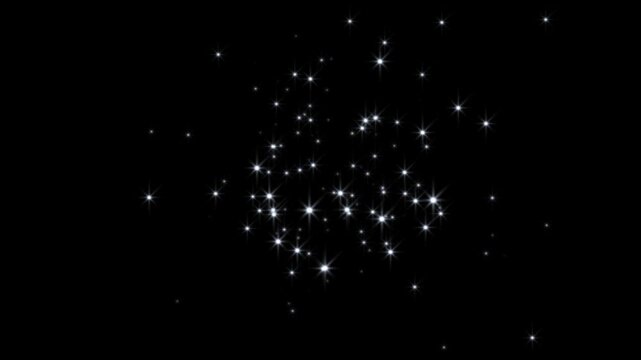 2D Magic glitter star burst and twinkling cartoon stars with glitter FX on black screen, flat stars burst and comic manga flashes, 4K fast twinkling stars animated loop for video editing