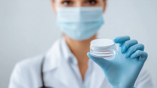 The Essence of Protection: A healthcare professional, masked and gloved, holds a sample of skincare cream, representing health and wellness.  