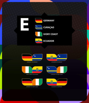 Group E of football tournament, Germany, Curacao, Ivory Coast, Ecuador flags and match icon set.