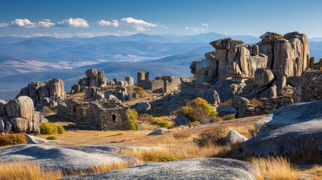 Ancient Stone Ruins on a Serene Plateau with Rolling Mountains in Background