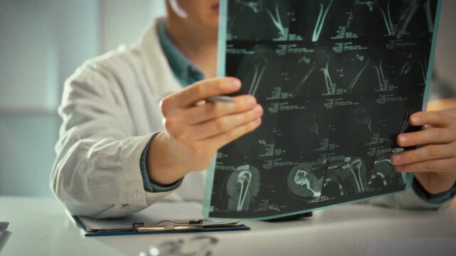 In well-lit medical office, doctor reviews MRI scans and X-ray images, identifying fracture details to secure an accurate diagnosis and devise a suitable treatment plan, emphasizing clinical analysis