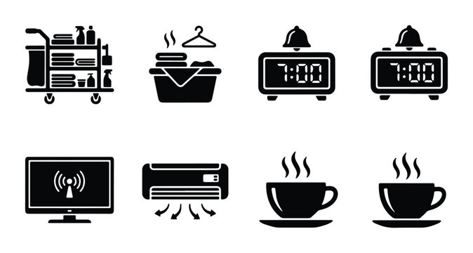 Hotel Service Icons: Housekeeping Cart, Laundry Basket, Alarm Clocks, TV, AC Unit, Coffee Cups. Vector Set.
