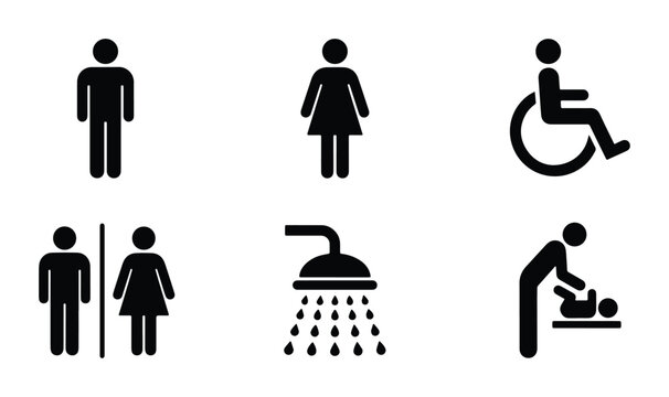 Modern Silhouette Icons: Restroom, Accessible, Shower, Baby Changing, Unisex Facilities Vector Set