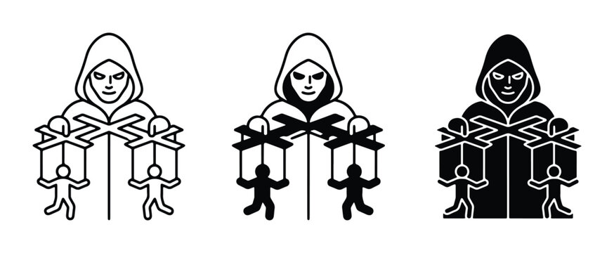 Puppet Master Control Icons, Manipulation Concept, Human Figure Holding Marionettes, Dark Hooded Character, Control Symbolism