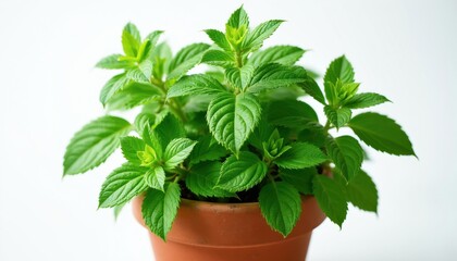 Obraz premium Fresh green lemon balm plant in terracotta pot isolated on white background. Aromatic herb used in cooking and herbal medicine. Healthy plant with vibrant leaves.