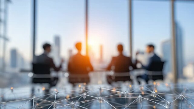 Strategic Synergy: A blurred image of a group of business people, silhouetted against a cityscape, engaged in a focused business meeting, symbolizing collaboration and strategic planning.