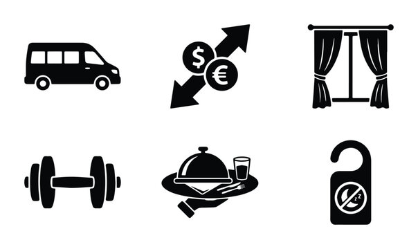hotel services and amenities flat design vector icons on white background