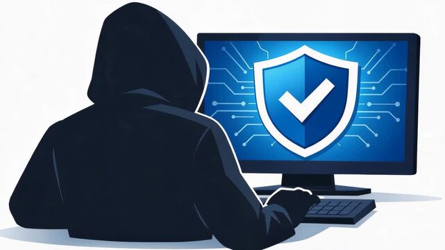 Anonymous person in a dark hoodie typing on a desktop computer with a security shield icon on the blue screen, symbolizing cybersecurity and data protection, isolated on a white background