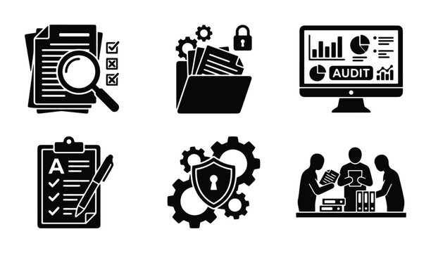 vector set of audit and business management symbols including magnifying glass checklist file folder with lock gear