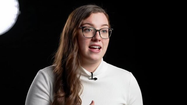 Young caucasian woman with long chestnut-brown hair, eyeglasses, white turtleneck, and lavalier microphone speaks confidently with hand gestures on a minimalist black background. Public speaking