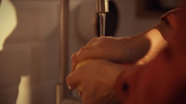 In cozy kitchen, man's hands gently rinse peeled potatoes under running water, preparing fresh vegetables for cooking, the simple ritual underscores kitchen hygiene and the start of home-cooked meal