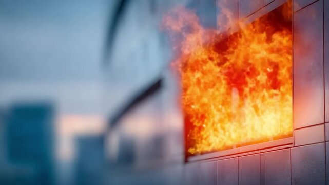 Fire in Building: A dynamic scene of a modern building facade engulfed in flames, with fiery blaze spilling from the window. The image evokes a sense of urgency.