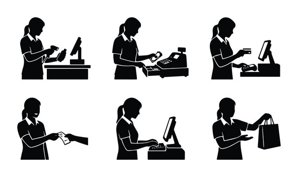 set of six black and white vector icons depicting a cashier performing various tasks such as scanning processing