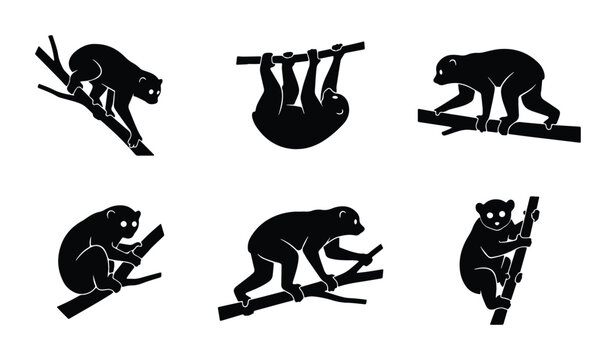6 primate poses on branches in black and white vector format