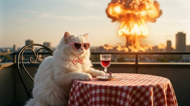 White Persian cat wearing heart shaped sunglasses sitting at a rooftop table with a glass of red wine while a massive nuclear explosion occurs in the city background