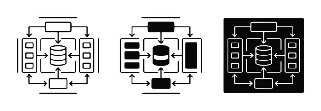 Database Management System Diagrams in Three Styles: Line Art Black and White Silhouette and Monochrome Icon Pack