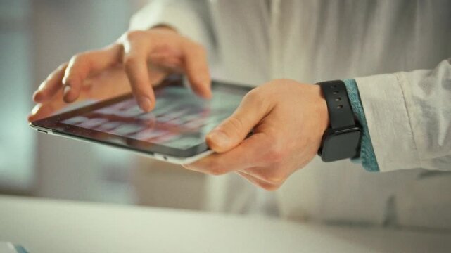 A medic's hands grip an electronic device, studying a panoramic x-ray on the gadget's screen, scaling the image and meticulously inspecting pathological zones to guide precise diagnosis