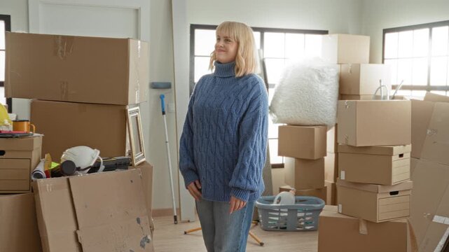 Woman standing among stacked cardboard boxes in a building, hands relaxed at sides and looking sideways near a laundry basket; transition reflection.