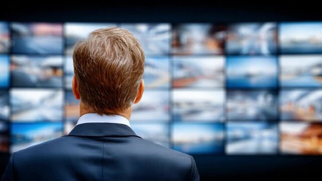 Visionary Vantage Point: A sharp-dressed man, facing away, gazes upon a dynamic wall of digital displays, suggesting focused observation and control in a high-tech setting. 