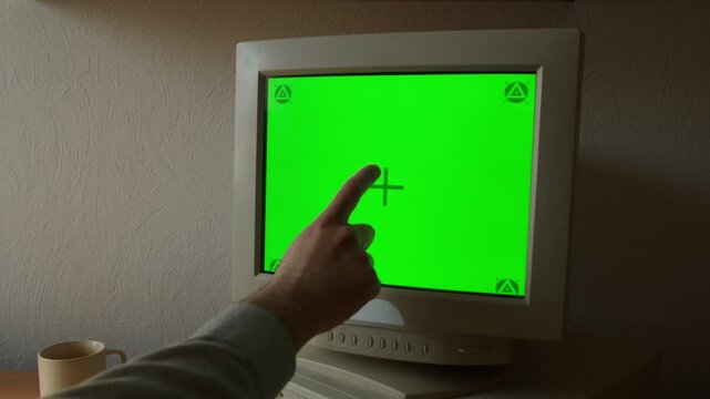 Retro pc computer gaming, Desktop vintage with loading code console, programmer making scripts, green basic screen, Old computer studio close-up, retro wave display, late 90s PC.