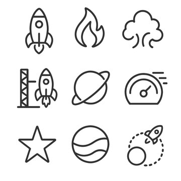 Space adventure icons: rocket, flame, cloud, planet, speedometer, star, trajectory