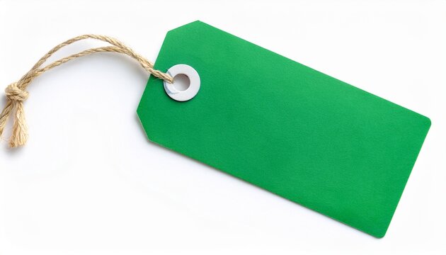 green price tag with string m blank paper label isolated on white background high resolution cutout for retail pricing gift tags packaging and branding mockups e commerce product