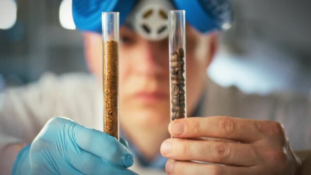 Inside a lab, a laboratory assistant grips two test tubes-one filled with soluble coffee, the other with coffee grains-carefully analyzing each sample as part of a detailed coffee research study