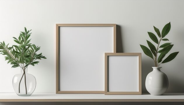 frame mockup two frames on a white surface with a clear vase and plant creating a minimalist presentation