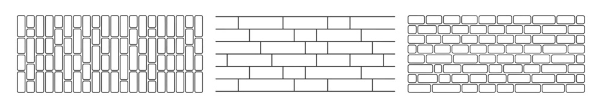 set of three different brick wall patterns outline vector illustration on transparent background