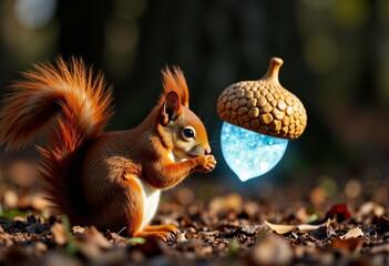 Fototapeta premium Whimsical Red Squirrel with Glowing Blue Acorn on Forest Floor