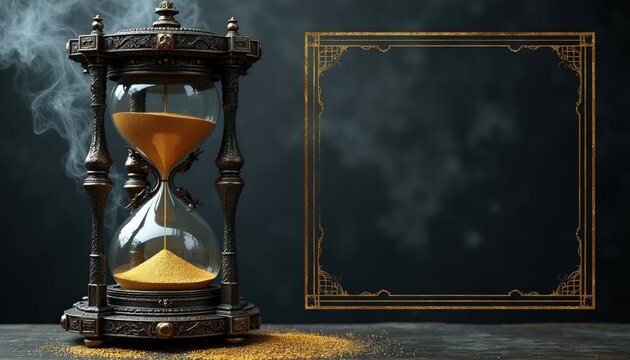 Ornate vintage hourglass with golden sand, smoke swirls around. Decorative gold frame offers copy space for text, gothic or steampunk themes. Ancient time measurement device.