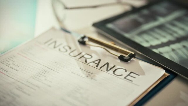 Filling out an insurance form, a professional explains dental treatment coverage. A dentist reviews medical insurance details, ensuring accurate information on healthcare benefits for patient records