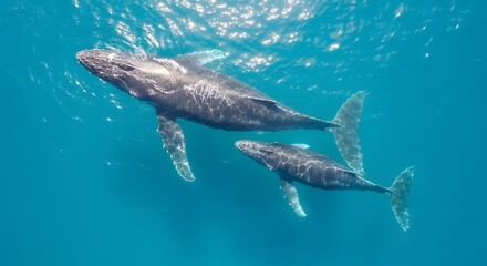 Fototapeta premium A majestic humpback whale mother and calf swimming in clear blue ocean water. Perfect for World Ocean Day, marine habitat conservation, and underwater wildlife photography themes and projects