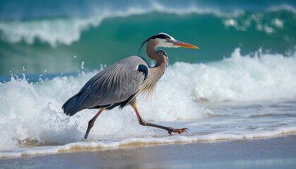 Obraz premium Great blue heron wades in ocean surf near sandy beach. Large bird with long legs walks through crashing waves under bright daylight. Coastal wildlife seeks food in turquoise water.